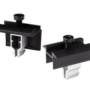 Two black metal panel clamps with screws and white plastic inserts, shown from an angle on a white background for mounting panels or profiles.