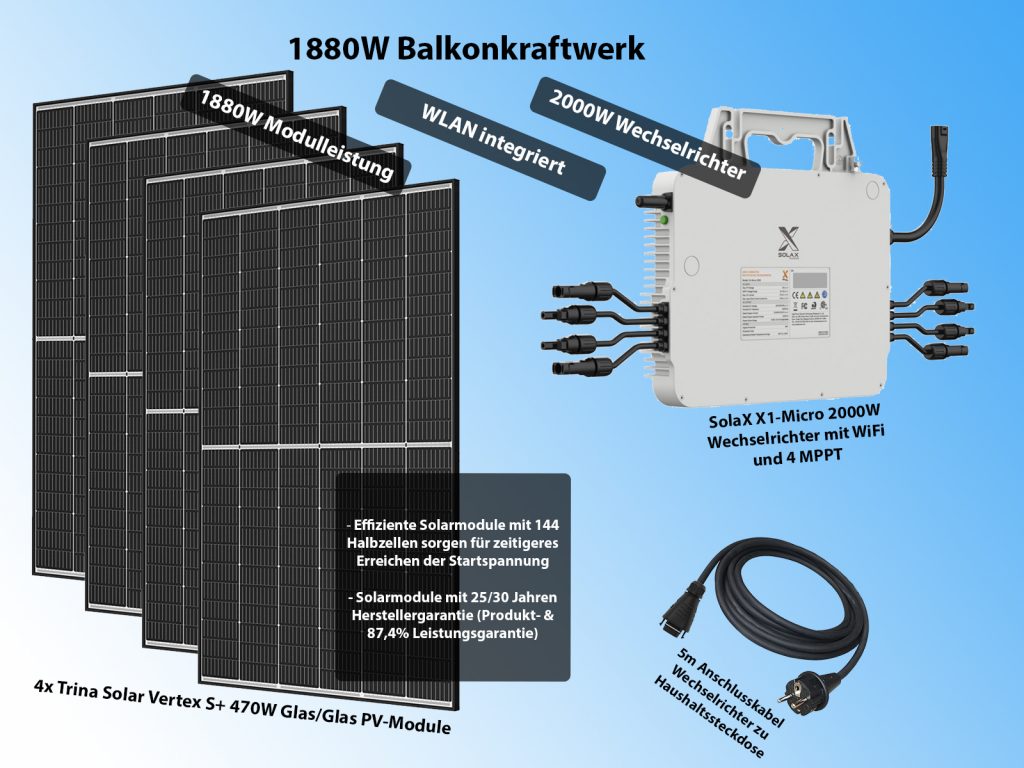Balkonkraftwerk mit vier PV-Modulen und Mikro-Wechselrichter (WiFi) zum Stromerzeugen zu Hause (1880W System)