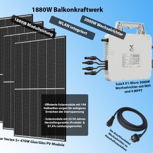 Balkonkraftwerk mit vier PV-Modulen und Mikro-Wechselrichter (WiFi) zum Stromerzeugen zu Hause (1880W System)