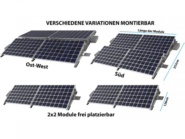 Flachdach-Montageset für 4 PV-Module / Ost-West oder Süd - Ausrichtu