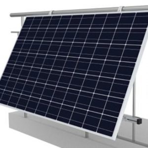 Tilted solar panel mounted on a metal frame on a mounting rack.