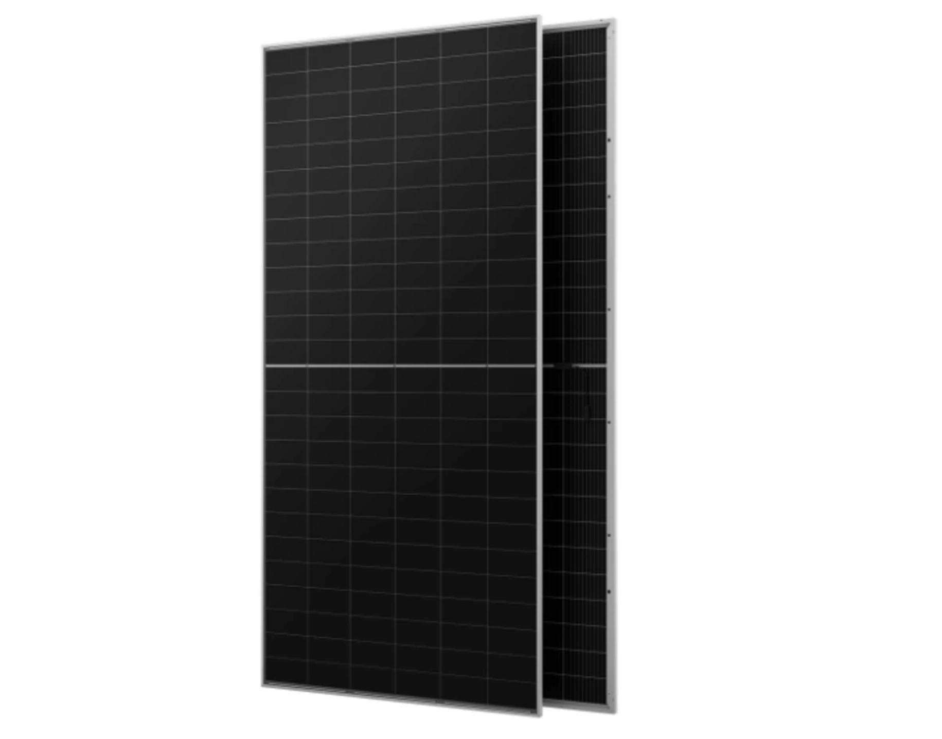 Two tall black solar panels with grid lines and silver frames standing upright in a pair.