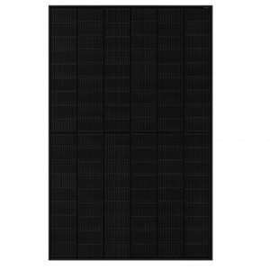 Large solar panel with a dark grid of photovoltaic cells in a black frame.